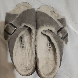 Birkenstock Taupe Shearling Buckle Sandals